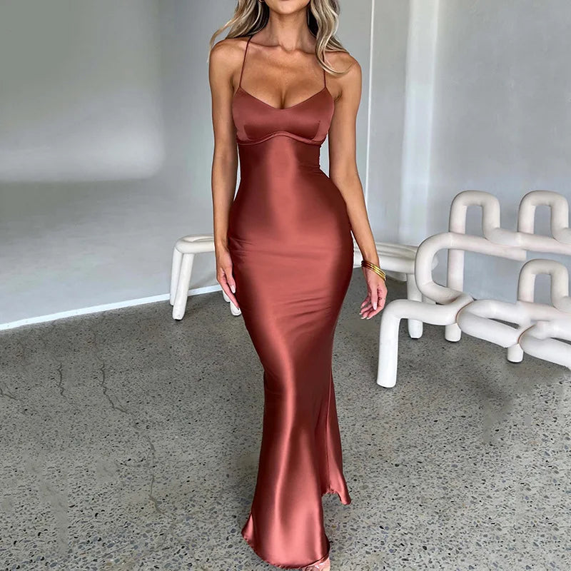 Autumn Spring Satin Backless Lace Up Mermaid Slip Sexy Dress Women Sweetheart Neck Sexy Slim Bodycon Dresses Elegant Silk Gown Evening Party Night Clubwear Ladies Sexy Apparel Supplies