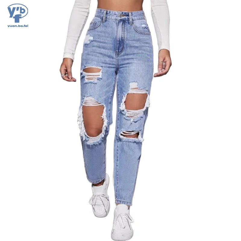 S-2XL Women's Skinny Jeans High Waist Ripped Distressed Y2K Eco-Friendly Casual Summer Autumn Spring Denim Pants Streetwear High Street Clothes Female Casual Clothing Supplies