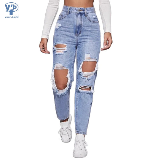 S-2XL Women's Skinny Jeans High Waist Ripped Distressed Y2K Eco-Friendly Casual Summer Autumn Spring Denim Pants Streetwear High Street Clothes Female Casual Clothing Supplies