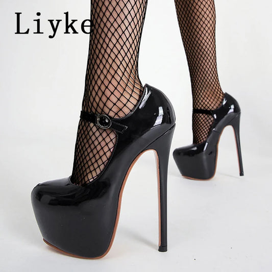 Spring Autumn Women Platform Pumps Black Round Toe Buckle Strap 17CM Super High Heels Pole Dance Shoes Stiletto Mujer