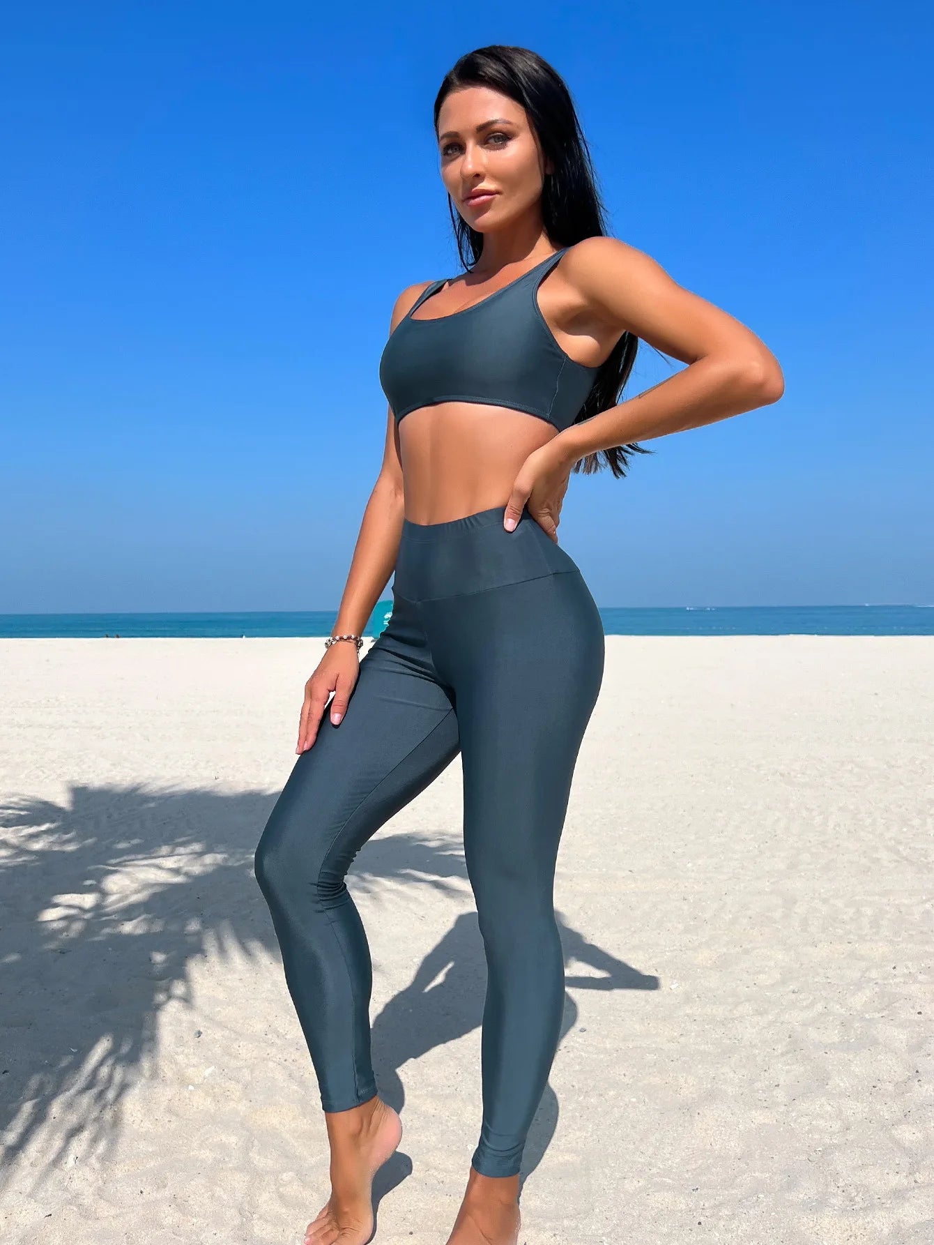 NEW Arrivals Islamic Clothing Solid Color Ladies Long Sleeve Swimming Muslim Top and Long Legging Swimwear Set Muslim Swimming Suit Women Modest   Summer Bath Muslims Summer Beachwear Apparel Suits