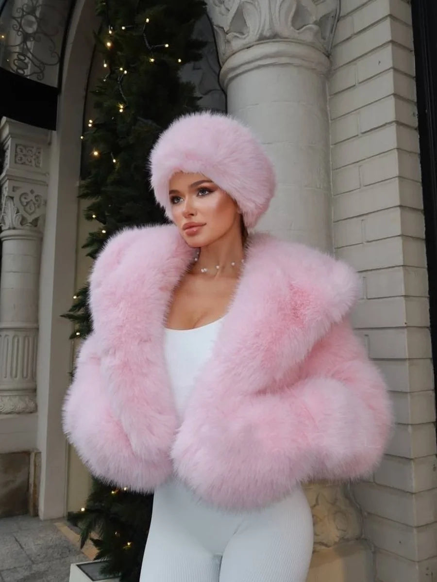 S-4XL Plus Size Women's Short Pink Faux Fox Fur Coat Hooded Winter Warm Thick Fluffy Artificial Fur Jacket Ladies Fashion Winter Coat Snow Boots Outerwear Jackets Women Winter Apparel Supplies