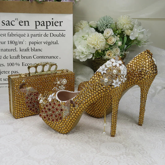 NEW Arrivals Golden Party Dress Shoe with Matching Bag Purse Crystal Wedding Shoes Bride Women's High Heel Platform Shoe High Pumps Purse Female Ladies Luxury Fashion Apparel Accessories Sets Clothing Products