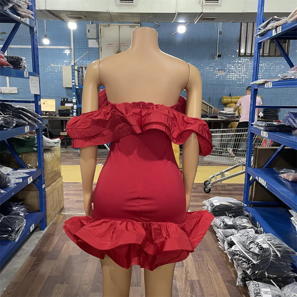 S-2XL Black/Red Color Autumn Spring Chic Mini Prom Dress Elegant Lady Off Shoulder Ball Gown Ruffle Edge for Evening Party Night Clubwear Mini Dress