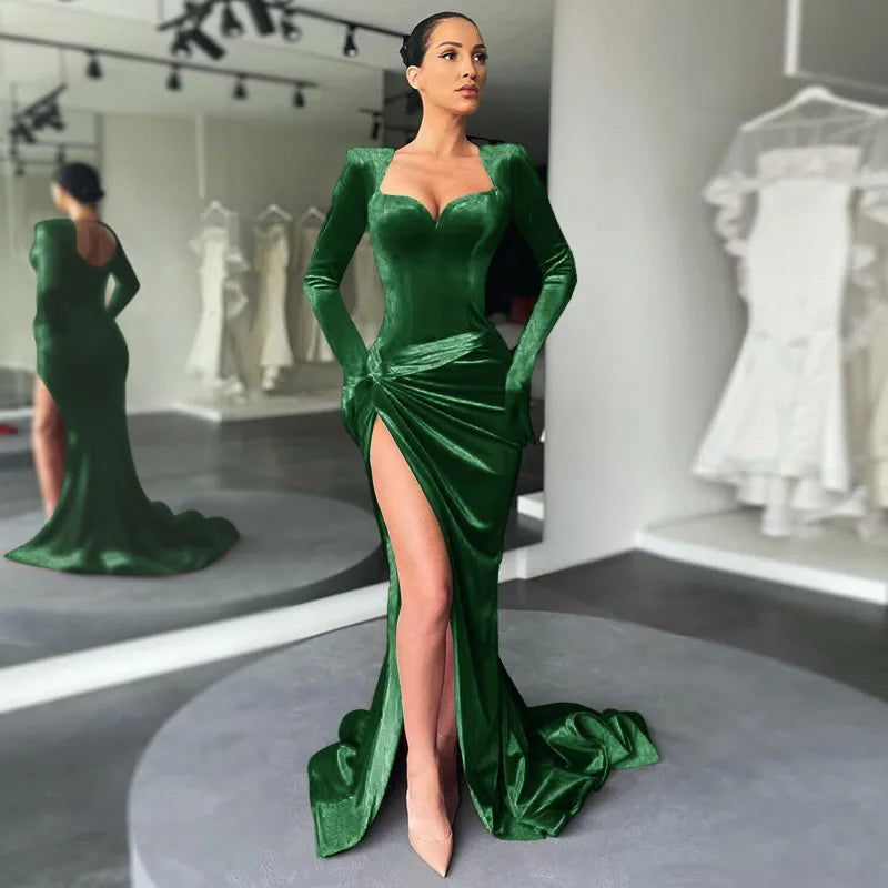 Boutique Gala HOT SALE Black/Blue/Pink/Green/ Red Color Luxury Velvet Evening Party Women Celebrities Red Carpet Wedding Guest Sexy V-Neck Long Sleeve Sweep Train Velvet Gown, Business Dinner Prom Ladies Luxury Apparel Suppli