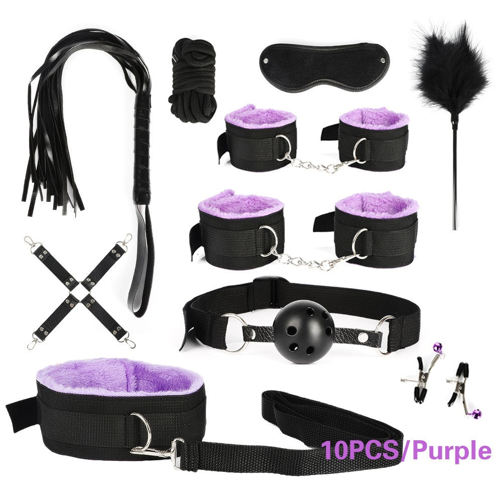 Adult leather plush bondage bundle set, gag, whip, butt plug, sex toys for women, nipple clips, erotic toys