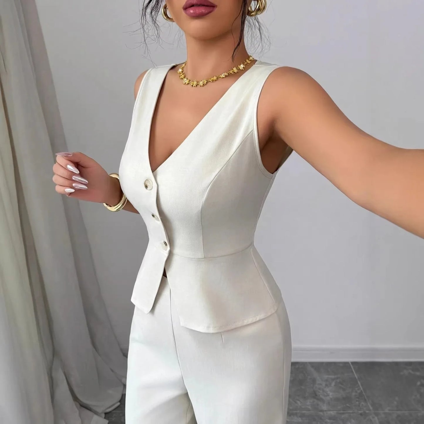 2 PCS Luxury Set 8 Colors S-3XL Summer European American Women's Collarless Spliced Casual Solid Color Sleeveless Skinny Top Quality Vest High-Waisted Long Pants Set Women Clothing Supplies.