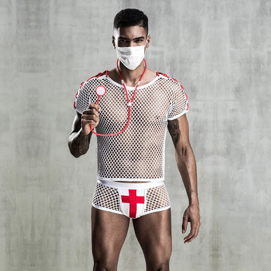 Gay Men Sexy Mesh Doctor Uniform Role Play Set Cosplay Gay Bar Dance Perform Costume Outfit