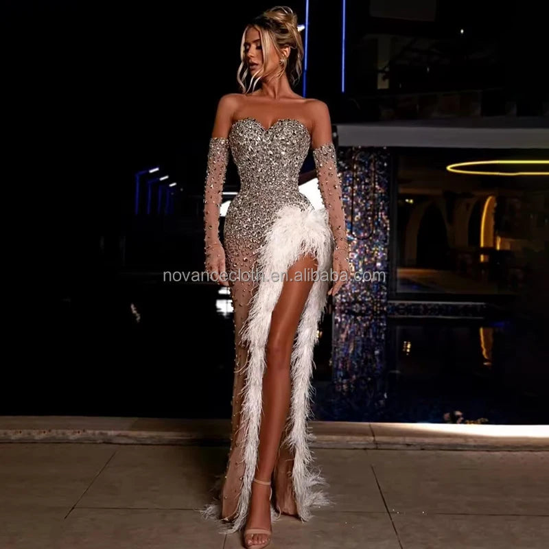 Boutique Gala HOT SALE Nude/Black/Red Color Women's Elegant Hot Sexy Celebrities Red Carpet Night Club Formal Maxi Dress With Crystal Luxury High Quality Evening Dress Luxury Gowns Ladies Clothing Supplies