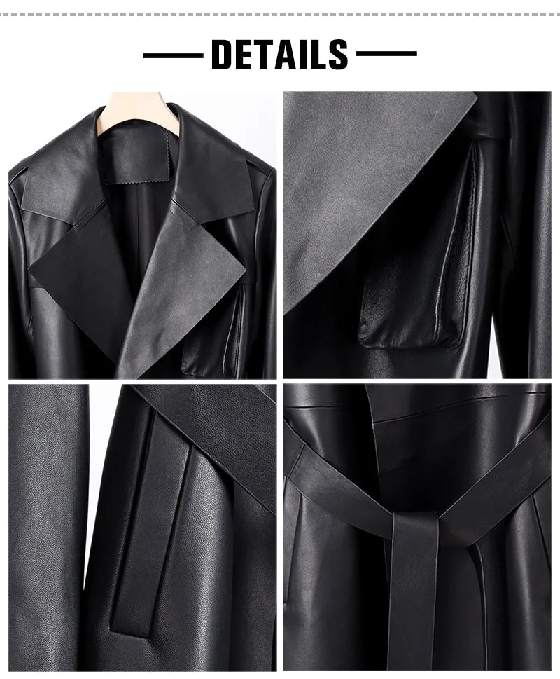 Boutique Gala HOT SALE Real Leather Coats M-3XL Black/Brown Color Women Winter Warm  Outwear Long Belt Windproof Luxury Coat Leather Formal Trench Coat Ladies Luxury Apparel Supplies