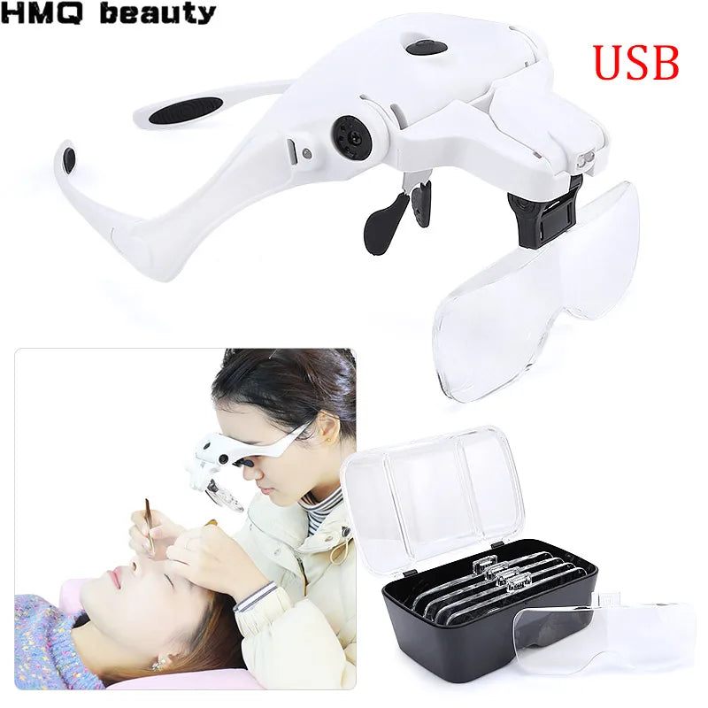 Full Set Lash Magnifying Glass 5 Lens USB With LED Light Lamp Adjustable Headband Eyelash Extension Tools False Lashes Make-Up Jewelry Accessories