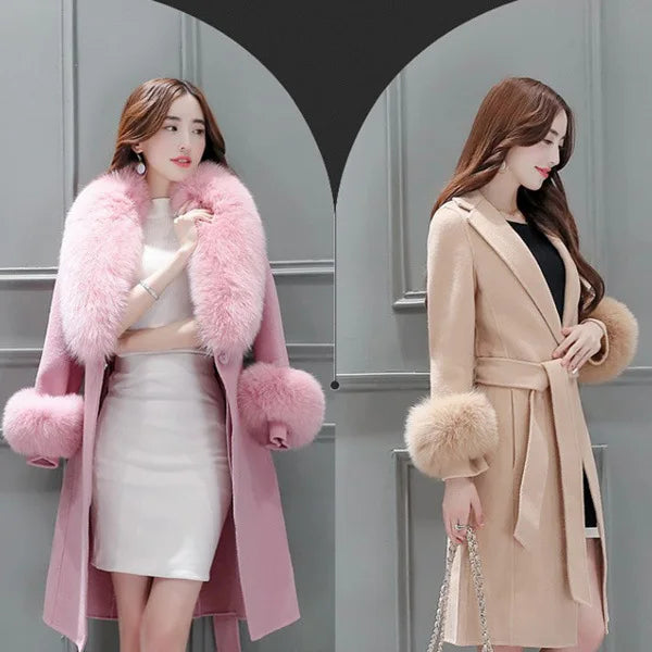 Woolen Coat Mid-length Korean Style New Winter Slim-fit Lace-up Large Woolen Collar Woolen Coat Detachable Woolen Collar