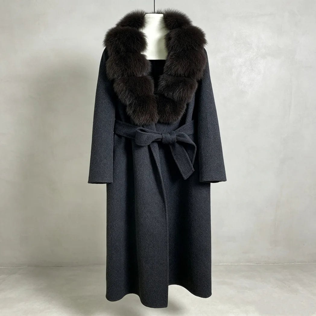 NEW  Autumn/Winter High-End Women's Luxury Thick Cashmere & Wool Material Long Coat Genuine Natural Fox-Fur Collar Extended Length Belt Lacing Slimming Effect Ladies Winter Apparel Clothing Supplies