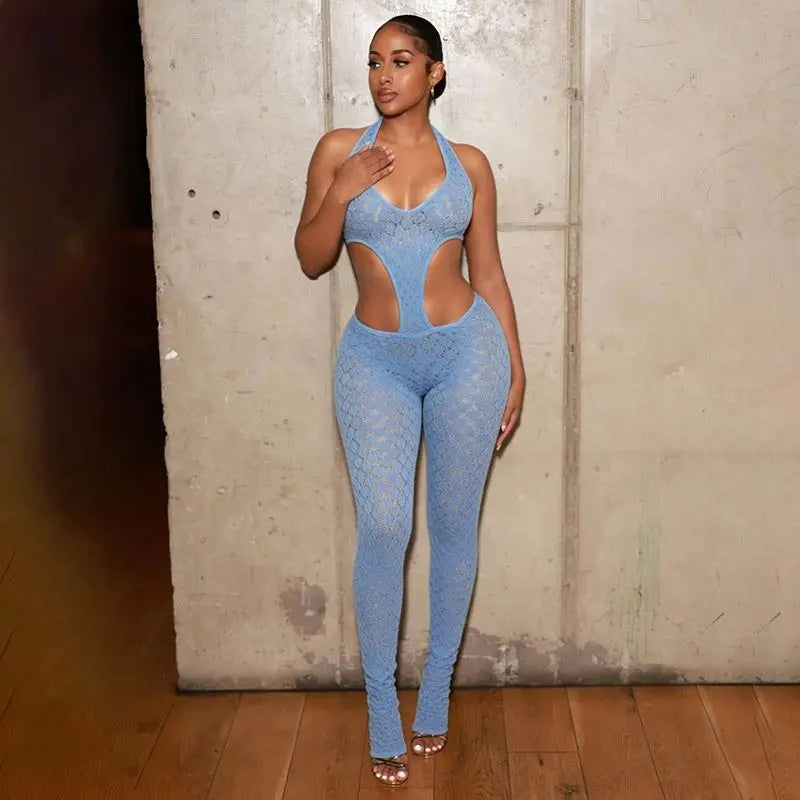 Black/Blue/Burgundy Color  New Halter Cutout Flare Leg Backless Jumpsuit Slim Fit Summer Night Club Playsuit Evening Beach Party Bodysuit Women Sexy Apparel Supplies