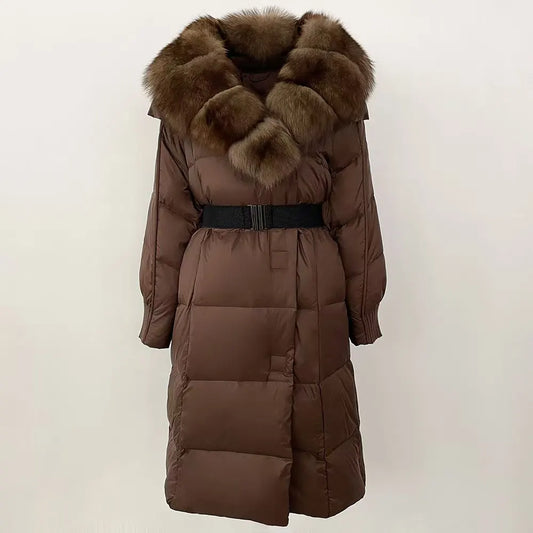 Customer Most Loved 5 Colors S-2XL Women Winter Warm Top Quality Puffer Long Coat Down Padding Snow Outerwear Jacket With Natural Fox  Fur Collar Ladies Winter Apparel Supplies