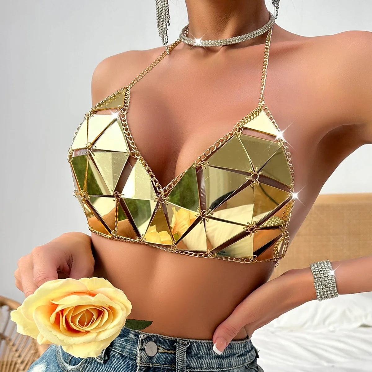 NEW Arrivals 7 Colors  Sexy Triangle Sequin Body Chain Women Party Club Beachwear Acrylic Shiny High Cut Top with Adjustable Straps