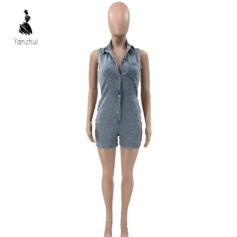 NEW Arrivals Sexy Denim  S-2XL Summer Boutique Fashion Denim Jeans Sleeveless One Piece Playsuit Jumpsuit Women Streetwear Casual Clothing Supplies
