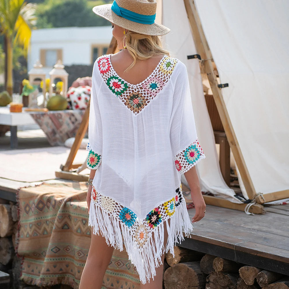 CROCHET BIKINI White Bikini Cover Up With Fringe Trim Women Sexy Hollow Tunic Beach Dress Summer Bathing Suit Beachwear