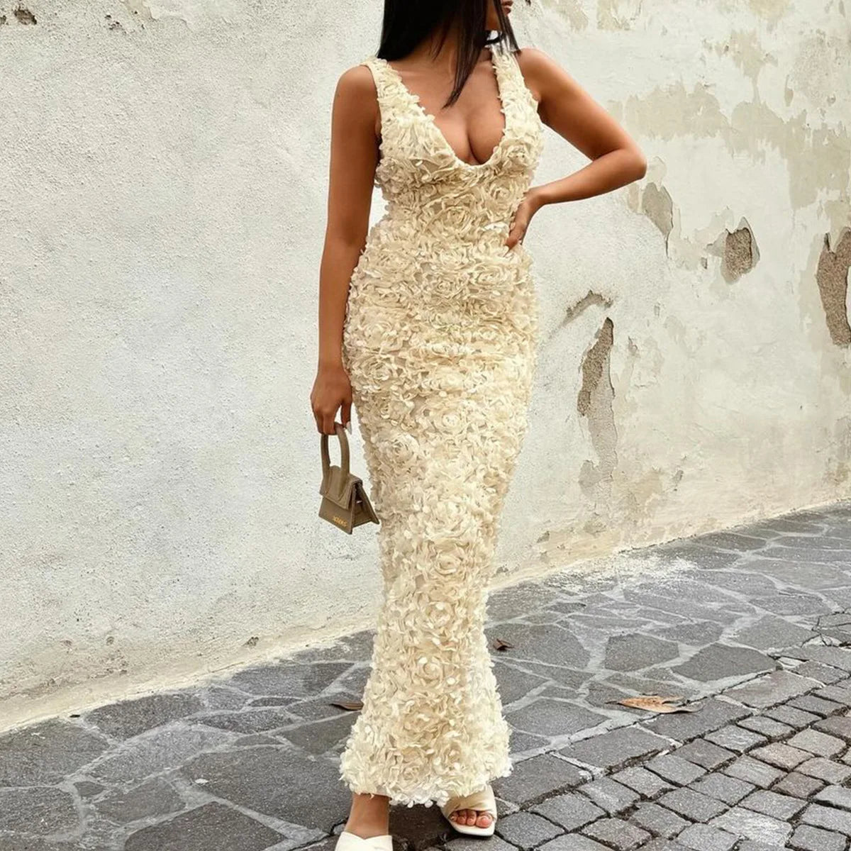 Sexy 3D Flower V-Neck Sling Dress Women Sleeveless Backless Split  Long Maxi Dresses Crystal Diamonds Decoration Summer Evening Beach  Party Night Clubwear Slim Lady Apparel Sexy Clothing Supplies