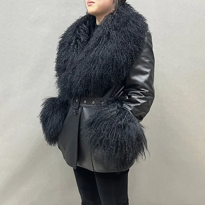 Boutique Gala HOT SALE S-2XL Women's  Real Mongolian Lamb Fur Collar and Cuff Genuine Sheep Leather Jacket Winter Autumn Warm Black Outerwear Coats Ladies Luxury Apparel Supplies.