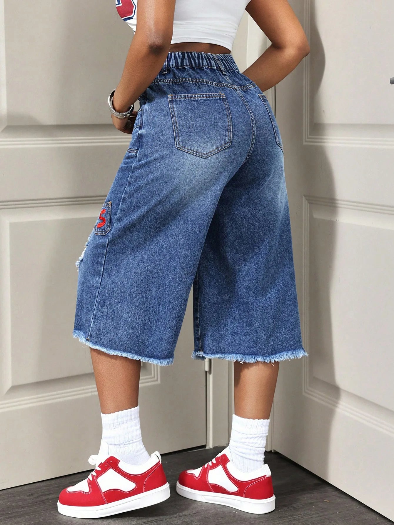 NEW Arrivals All Seasons Baggy Blue Jeans Vintage Washed  Embroidered & Ripped Denim Women's Cropped Wide-Leg Jeans Streetwear Y2K Clothes Female Casual Clothing Supplies