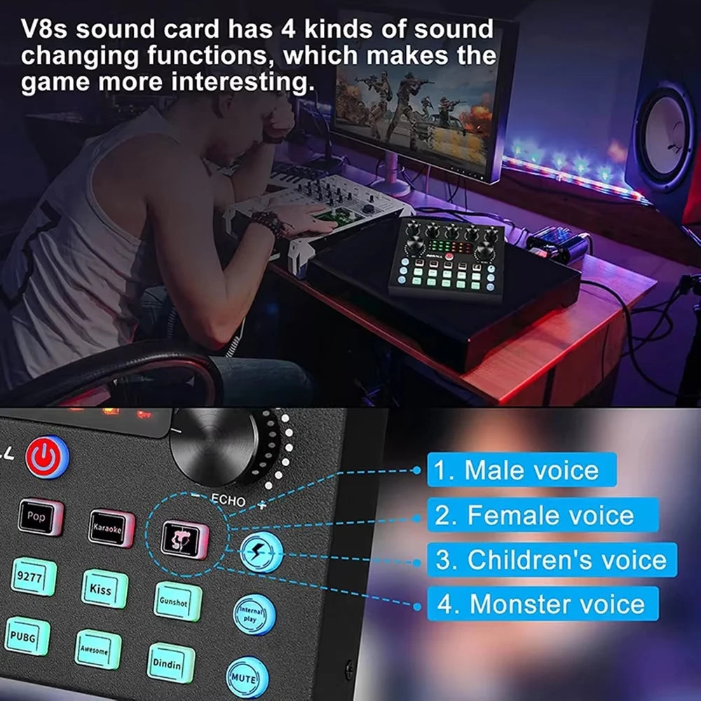 NEW Professional V8S Audio Mixer with Voice Changer, Podcast Mixer, Sound Card for Phone Gaming Karaoke Studio Live Streaming Podcast Supplies