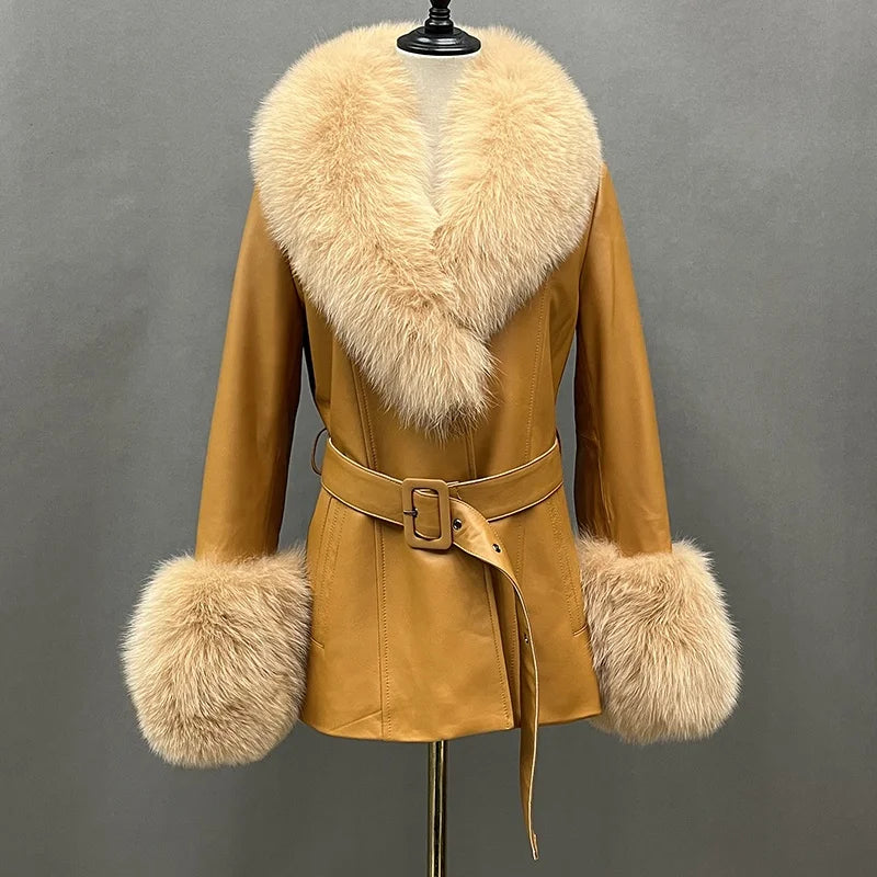 Boutique Gala HOT SALE ( Few Units Left) 8 Colors S-2XL Women's Top Quality Belted Black Real Sheepskin Leather Fur Coat Women Leather Jacket With Genuine Natural Fox Fur Collar Cuffs Ladies Winter Warm Outerwear Luxury Appar