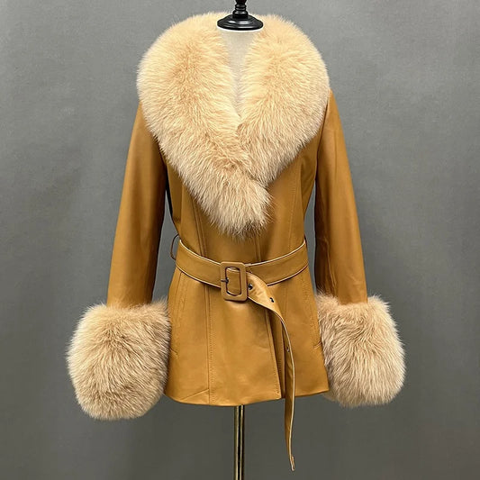 Boutique Gala HOT SALE ( Few Units Left) 8 Colors S-2XL Women's Top Quality Belted Black Real Sheepskin Leather Fur Coat Women Leather Jacket With Genuine Natural Fox Fur Collar Cuffs Ladies Winter Warm Outerwear Luxury Appar