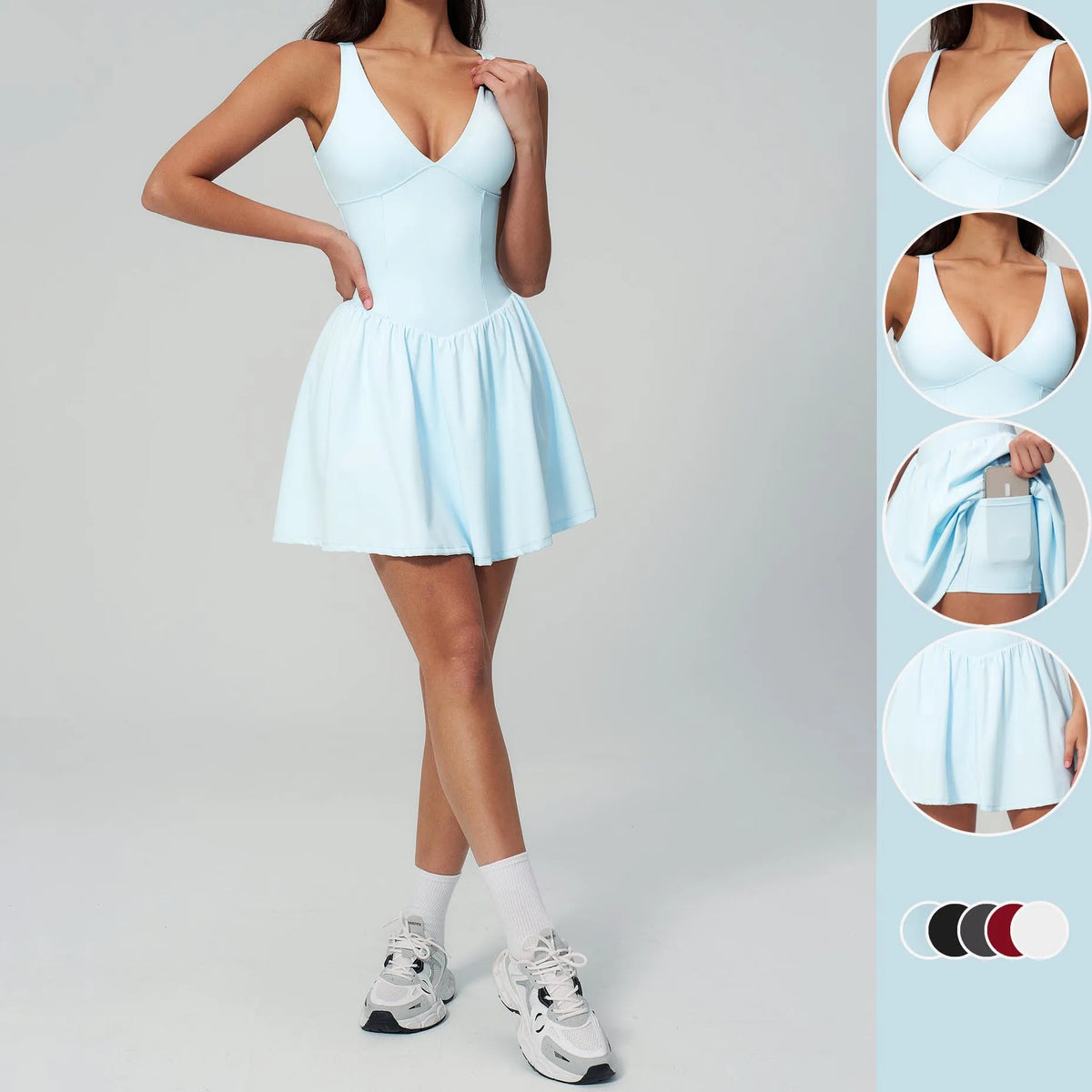 5 Colors S-XL Sexy Deep V-Neck Tennis Golf Club Yoga Skirt with Built-In Shorts Running Tennis Sports Skirt with Removable Padding Quick Dry Woman Tennis Dress Sports Clothing Supplies