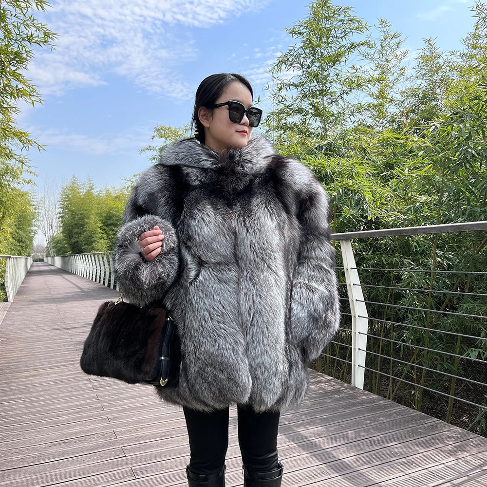 BEST PRICE S-2XL Ladies Luxury Top Quality Women's Winter Warm Real Silver Fox Mink Fur Jacket Long Coat Bigger Hood Cotton Filling Poncho Outerwear Jackets Wedding Guest Celebrities Evening Party Ladies Luxury Apparel Suppli