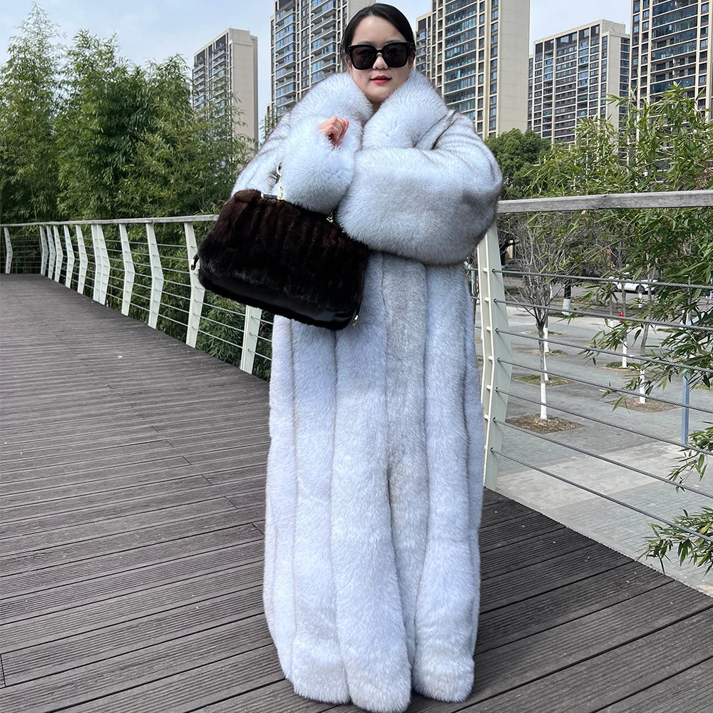 Boutique Gala HOT SALE (Few Units Left)  NEW  Women Winter Luxury Authentic Thick 100% BLUE Fox Fur Long Mink Coat Real Natural Blue Fox Fur Trench Longer Coats Authentic Fox Fur Jacket Best Quality Ladies Luxury Apparel Supp