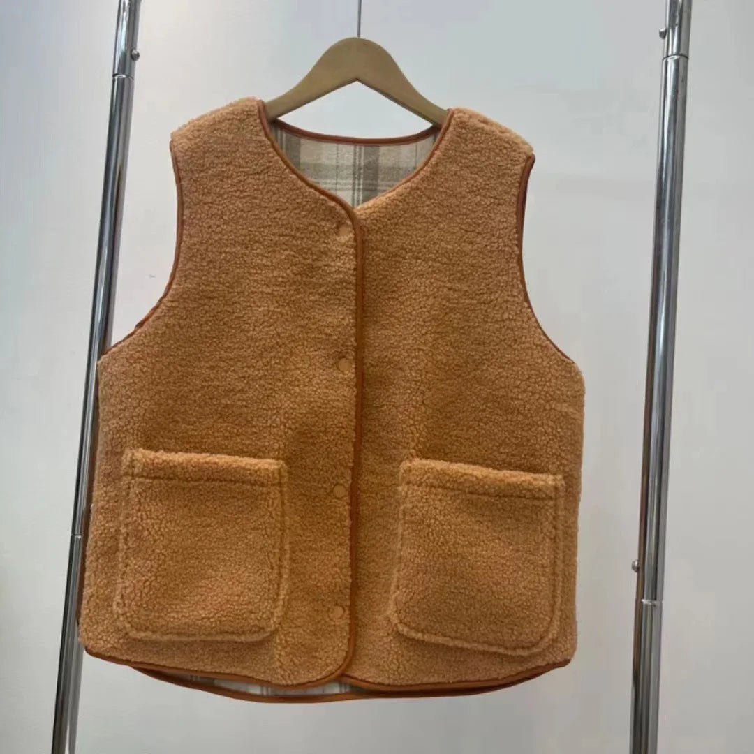 8 Colors New Autumn Winter Warm Two Sided Fleece Vest Jacket Home Wear Pullover Blouses Clothes New Fashion Round Neck Clip Wool Vest Women Clothing Supplies