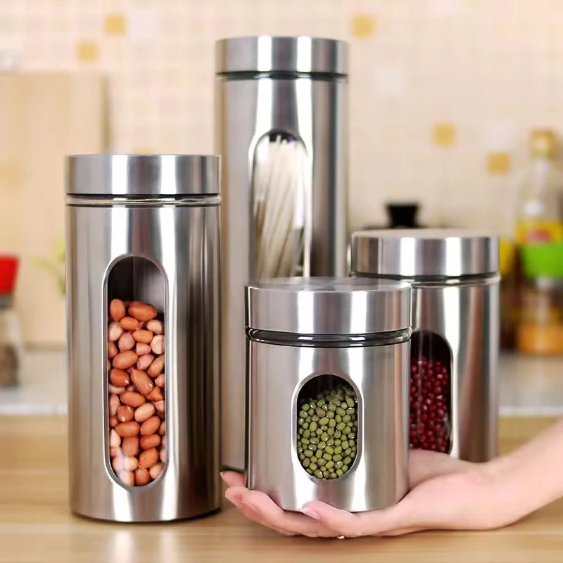 NEW 600/950/1300/1800ml Food Storage Bottles Stainless Steel Clear Dry Food Container with Lids Kitchen Durable Cereal Dispenser Rice Beans Spice Storage Jars Kitchenware Accessories Cooking Tools