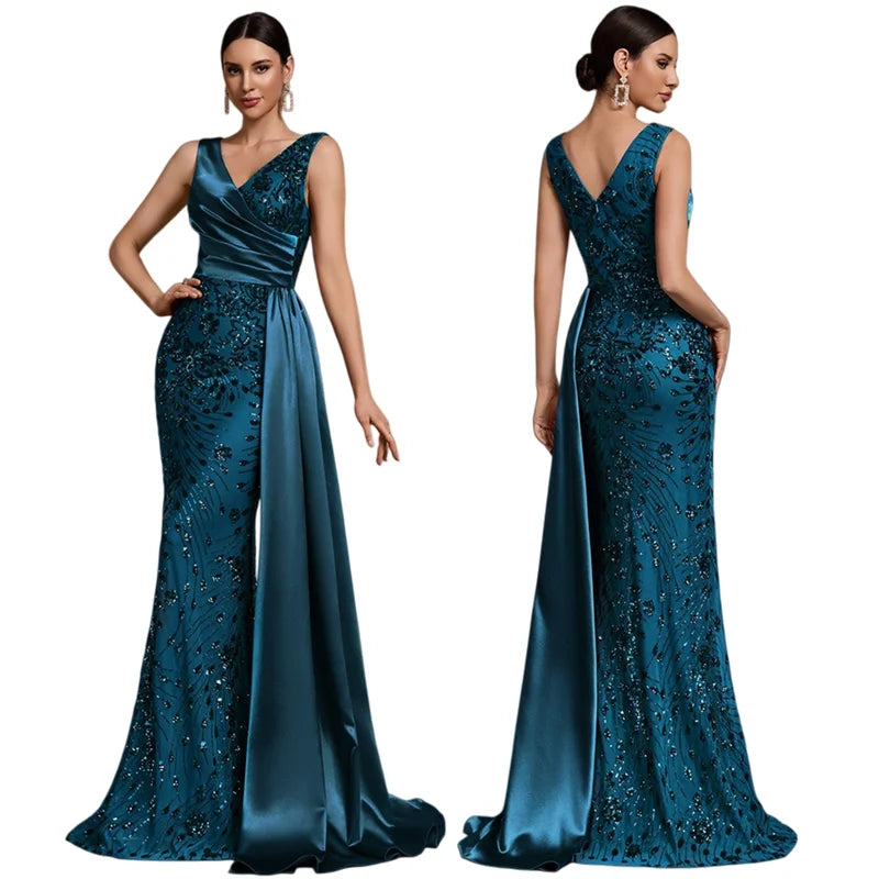 Mother of the Bride S-2XL Women's Luxury Satin Gowns for Women Evening Dresses Elegant V-Neck Sleeveless Sequin Mermaid Bridesmaid Dresses Wedding Party Dress Ladies Luxury Apparel Supplies