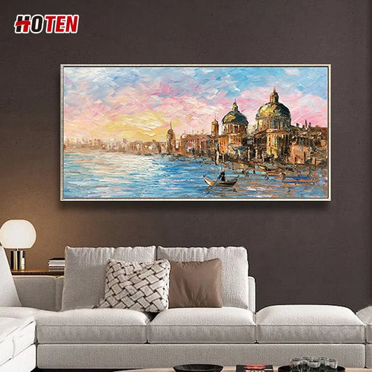 100% Pure Hand-Painted Oil Paints Venice Modern Landscape Painting Retro Handmade Rosy Clouds Oil on Canvas Supporting Scenery Type Villa Home Wall Art Creative Decoration Supplies