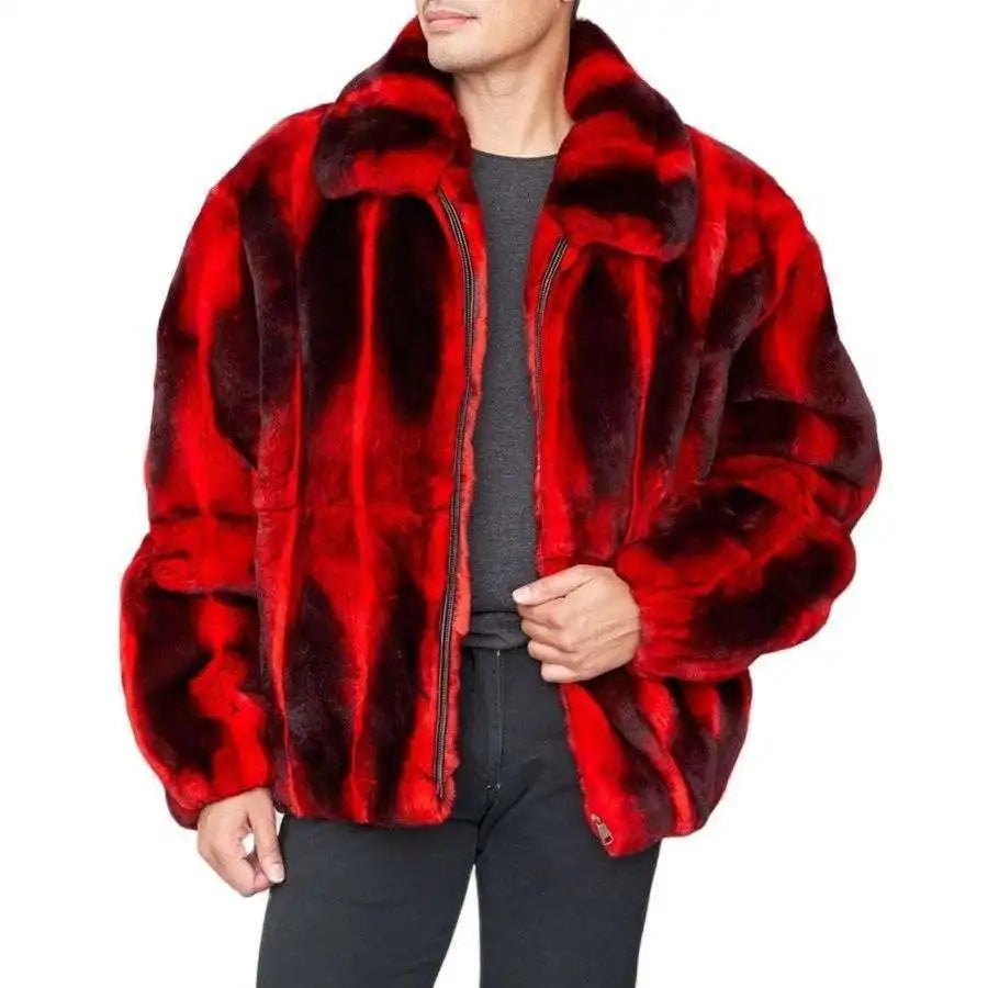 New Design S-3XL Plus Size Men's Winter Fur 100% Chinchilla & Red Color Jacket Casual Fashion Real Rex Rabbit Fur Overcoat with Long Zipper Real Fur Coat Bomber Style Men Luxury Apparel Supplies