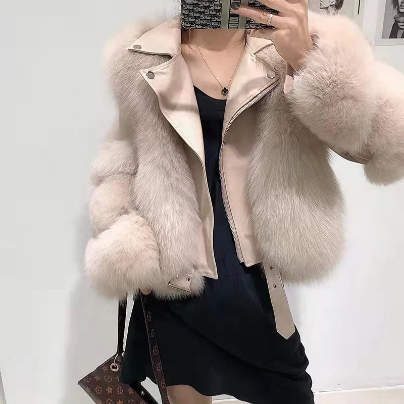 5 Colors Women High Level  Real Fox Fur Coat Sheepskin Leather  New Fashion  Winter Natural Evening Party Luxury Formal Clothes Women Outerwear Short Jackets