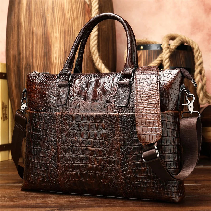 Alligator Genuine Soft Leather Embossed Crocodile Leather Men's Business Lawyer Office Professional Documents Briefcase Shoulder Handbags Luxury Office Custom Logo Zipper Closure Luxury Briefcase