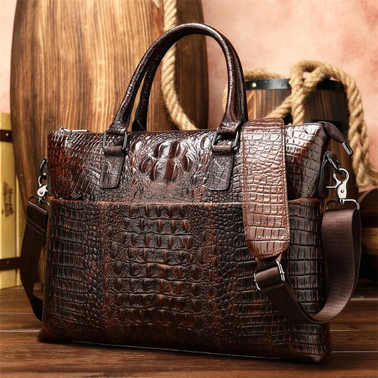 Alligator Genuine Soft Leather Embossed Crocodile Leather Men's Business Lawyer Office Professional Documents Briefcase Shoulder Handbags Luxury Office Custom Logo Zipper Closure Luxury Briefcase
