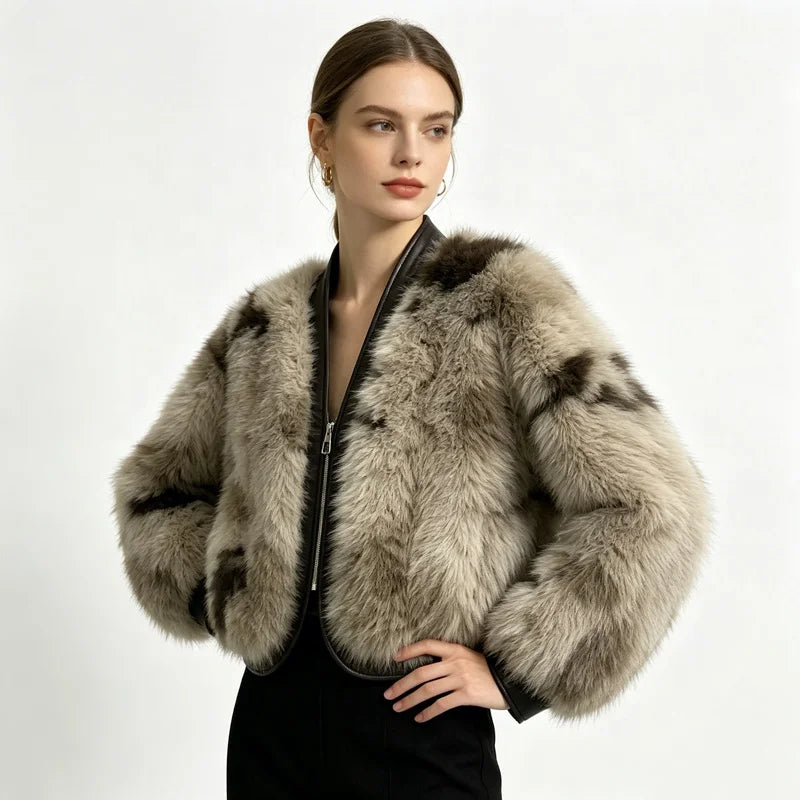 NEW Arrivals Women's Faux Fox Fur Bomber Jacket PU Leather Trim Short Cropped Winter Warm Fluffy Coat Casual Outerwear Women's Faux Fur Coats