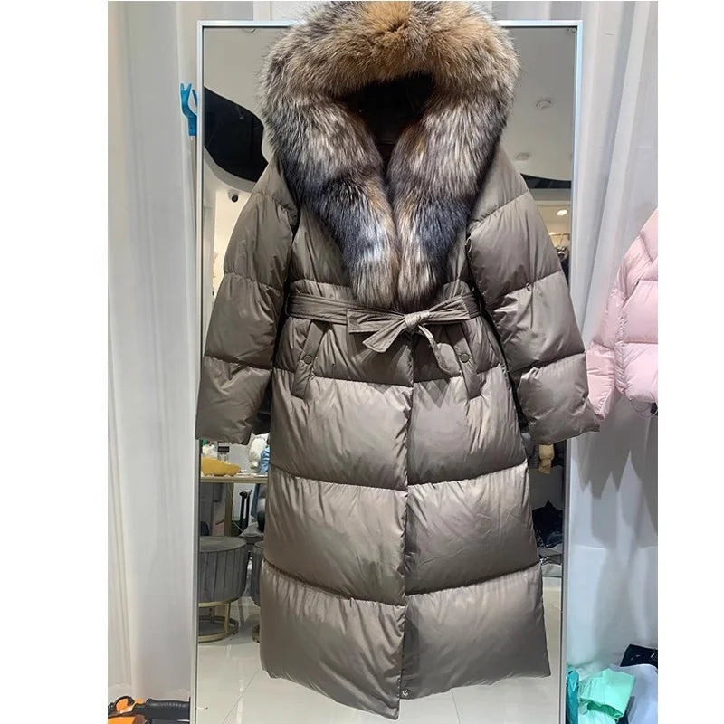 BEST PRICE S-2XL Top Quality Large Natural Silver Fox Fur White Duck Down Thickened Windbreaker Parkas Coat Long Over Knee Windproof Coats Winter Warm Real Fur Coat Snow Boots Outerwear Jackets Ladies Winter Apparel Supplies
