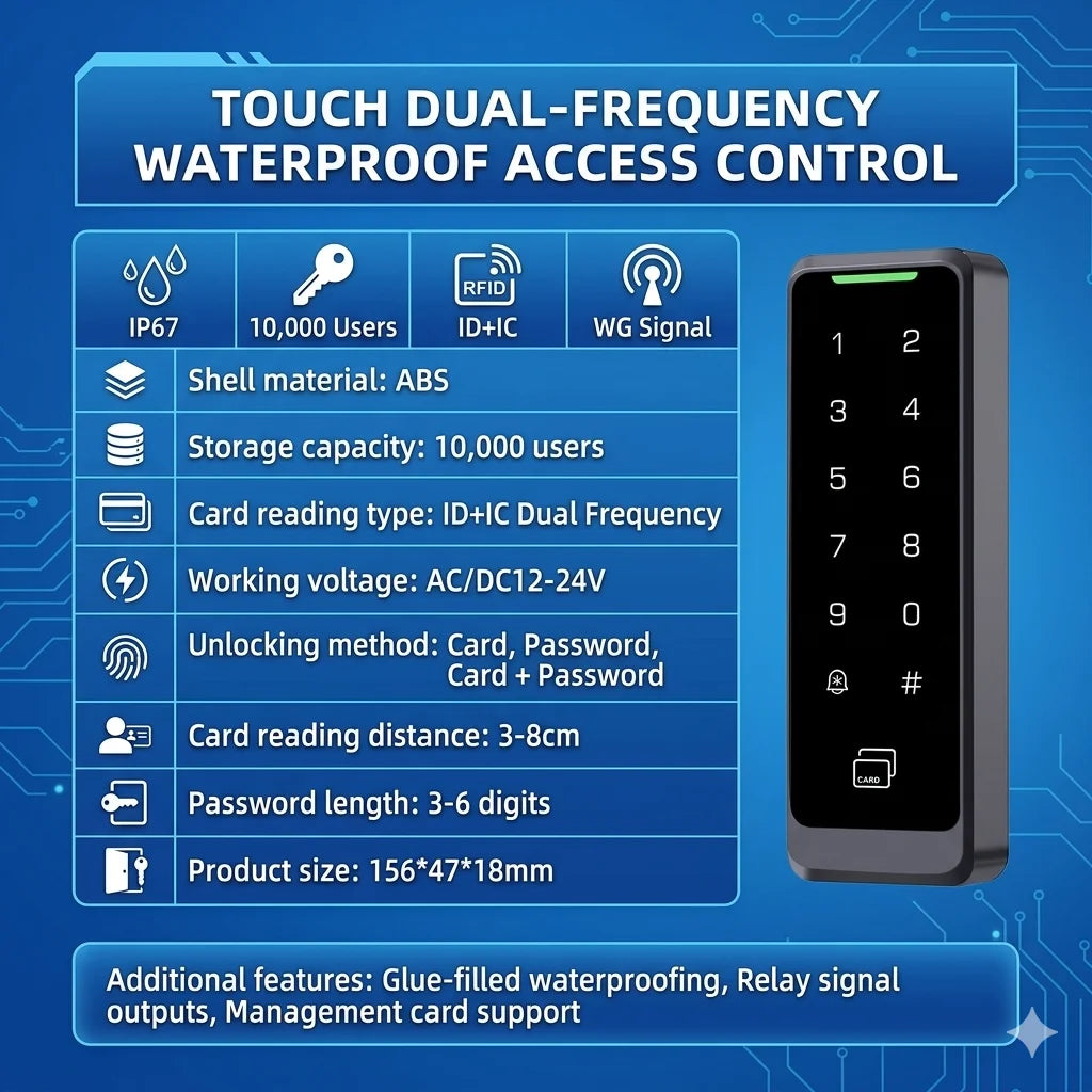 NEW Home Villa Hotel Office Dual Frequency RFID Standalone Card Reader Both EM ID 125KHz 13.56MHz Touch Waterproof Keypad Door Access Control Entry Lock CE Certified Home Security Accessories