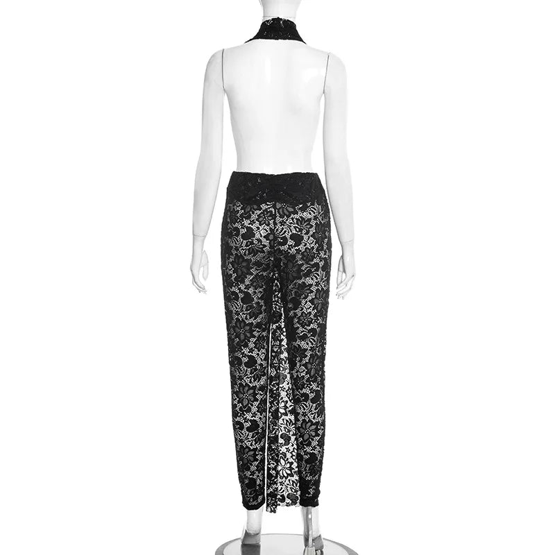 NEW Arrivals Black/Red Color Women Sexy Evening Party Night Clubwear Hot Sexy Sleeveless Backless Lace Pants Jumpsuit