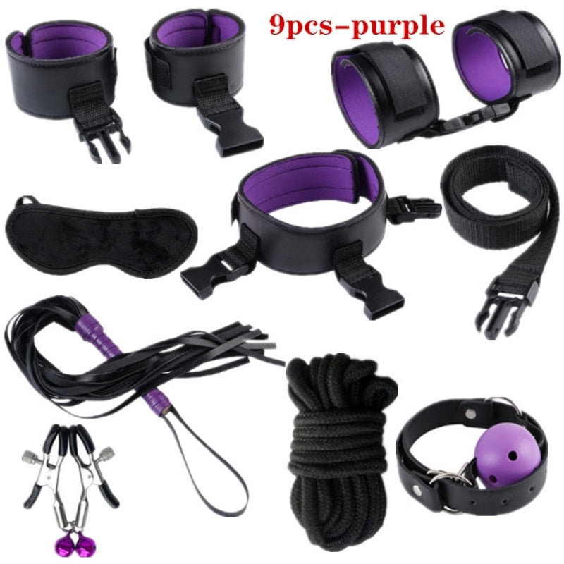 Adult leather plush bondage bundle set, gag, whip, butt plug, sex toys for women, nipple clips, erotic toys