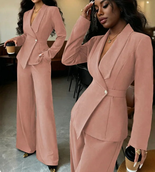 10 Colors 2 PCS Set Boutique HOT SALE Plus Size Spring Autumn Office Lady Fashion Long Sleeve Button Blazer Straight Pants Breathable High Quality Women's Luxury Clothing Supplies