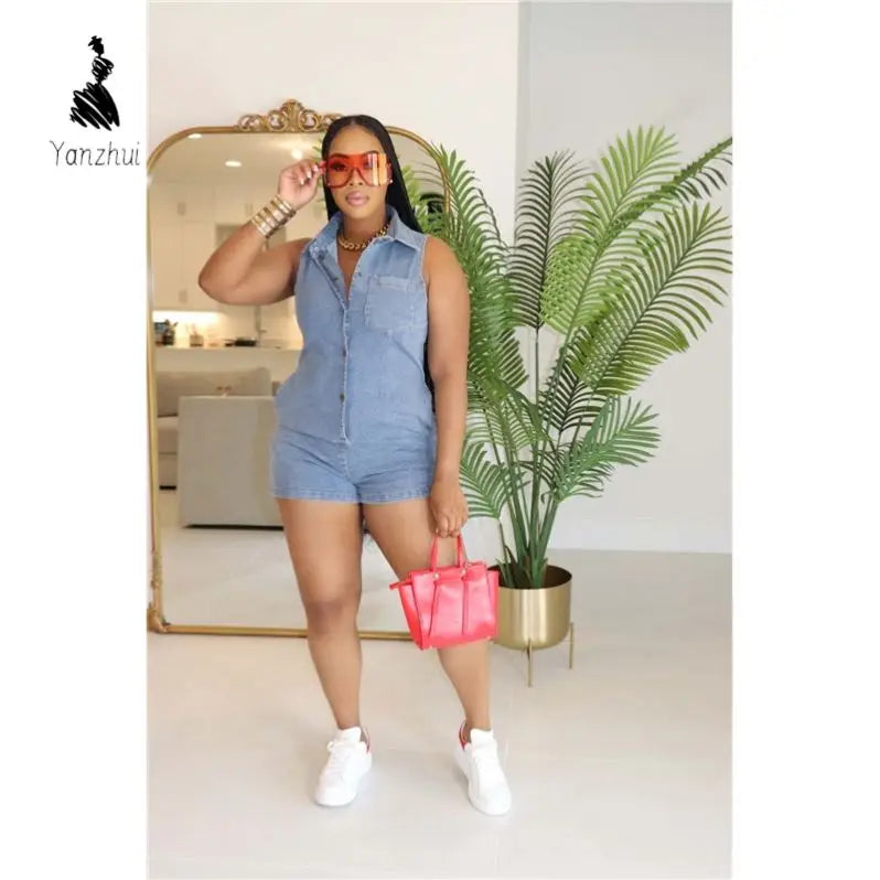 NEW Arrivals Sexy Denim  S-2XL Summer Boutique Fashion Denim Jeans Sleeveless One Piece Playsuit Jumpsuit Women Streetwear Casual Clothing Supplies