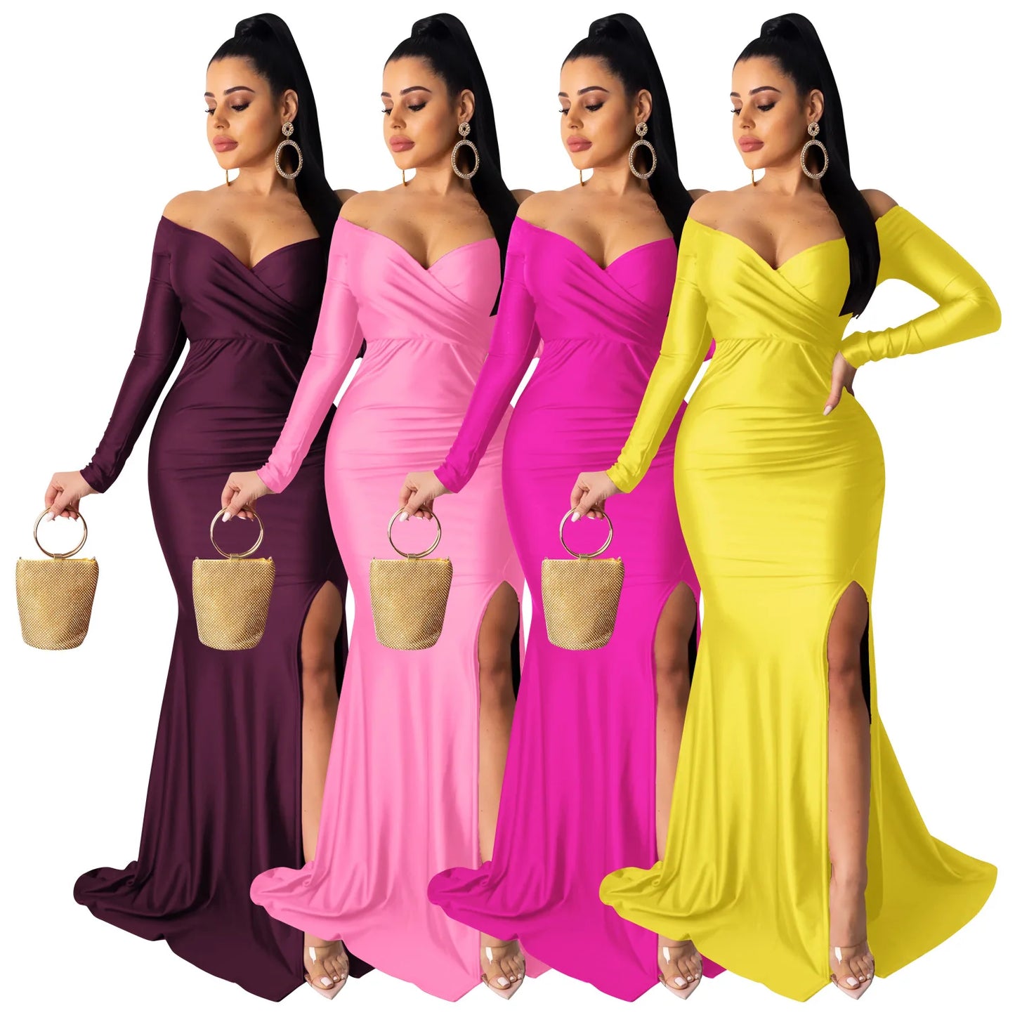 New Arrival S-2XL Women Luxury Gowns Wedding Guest Bridesmaid Evening Dresses High Slit Long Sleeve V-Neck Maxi Dress Ladies Long Party Dresses Women Luxury Apparel Supplies