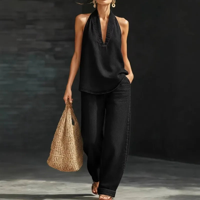2 PCS Set S-3XL 5 Colors Boutique Sale Autumn Spring New Fashion V-Neck Retro Denim Vest Wide Leg Jeans Pants Women's Casual Apparel Supplies
