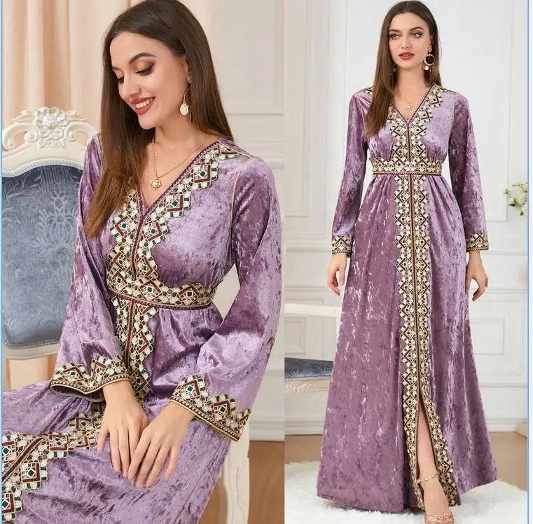 Autumn and Winter Religious Women's Muslim Long Sleeve V-Neck Embroidery Solid Maxi Standard Loose Formal Dresses