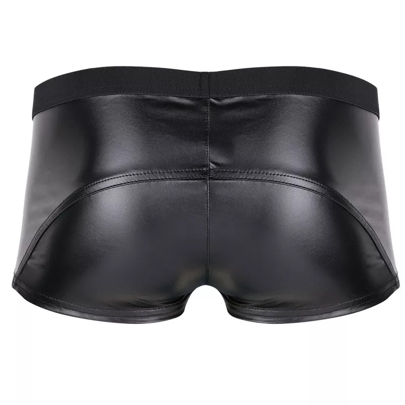 Mens Sexy Leather Lingerie Open Crotch Short Pants For Sex Soft Latex Fetish Boxer Crotchless Leather Underwear Bulge Pouch Sexi